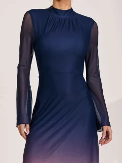 Long Sleeve High Neck Mesh Dress, Pink Multi