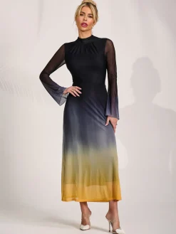 Long Sleeve High Neck Mesh Dress, Yellow Multi