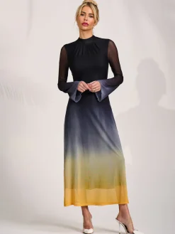 Long Sleeve High Neck Mesh Dress, Yellow Multi