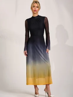 Long Sleeve High Neck Mesh Dress, Yellow Multi