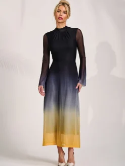 Long Sleeve High Neck Mesh Dress, Yellow Multi