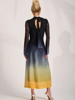 Long Sleeve High Neck Mesh Dress, Yellow Multi