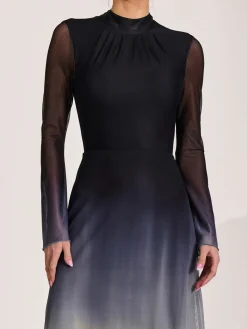 Long Sleeve High Neck Mesh Dress, Yellow Multi