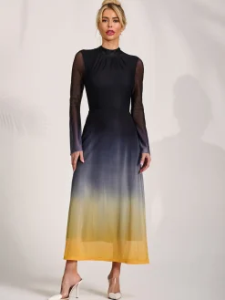 Long Sleeve High Neck Mesh Dress, Yellow Multi