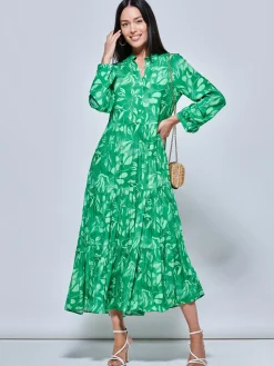 Long Sleeve Holiday Maxi Shirt Dress, Green Abstract