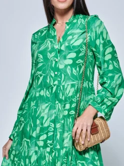 Long Sleeve Holiday Maxi Shirt Dress, Green Abstract