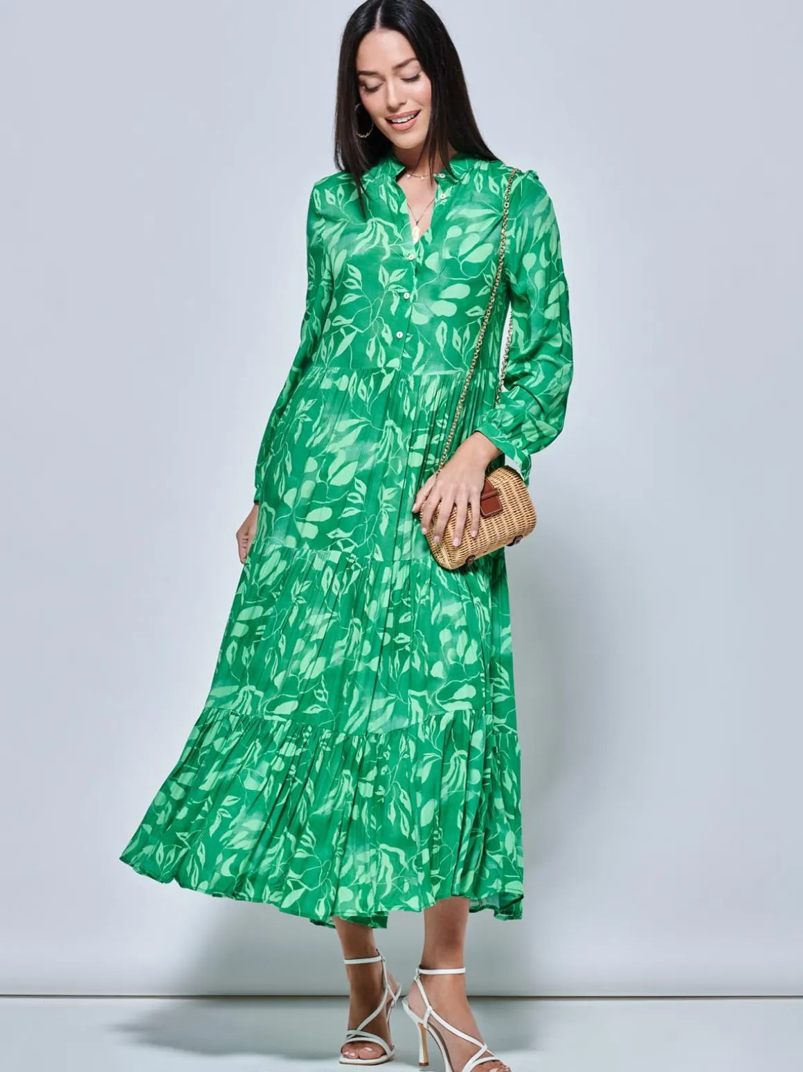 Long Sleeve Holiday Maxi Shirt Dress, Green Abstract