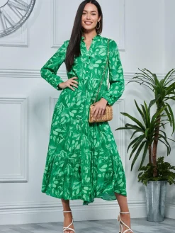 Long Sleeve Holiday Maxi Shirt Dress, Green Abstract