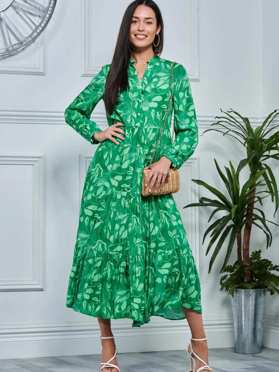 Long Sleeve Holiday Maxi Shirt Dress, Green Abstract