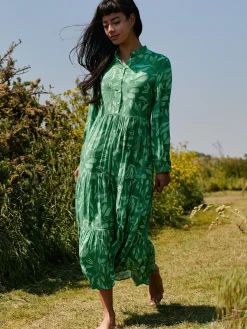 Long Sleeve Holiday Maxi Shirt Dress, Green Abstract