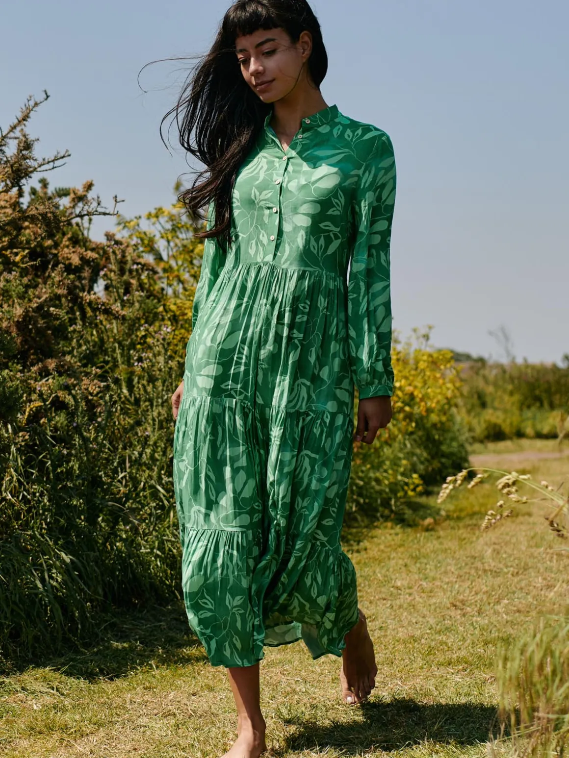 Long Sleeve Holiday Maxi Shirt Dress, Green Abstract