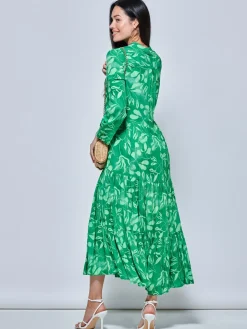 Long Sleeve Holiday Maxi Shirt Dress, Green Abstract