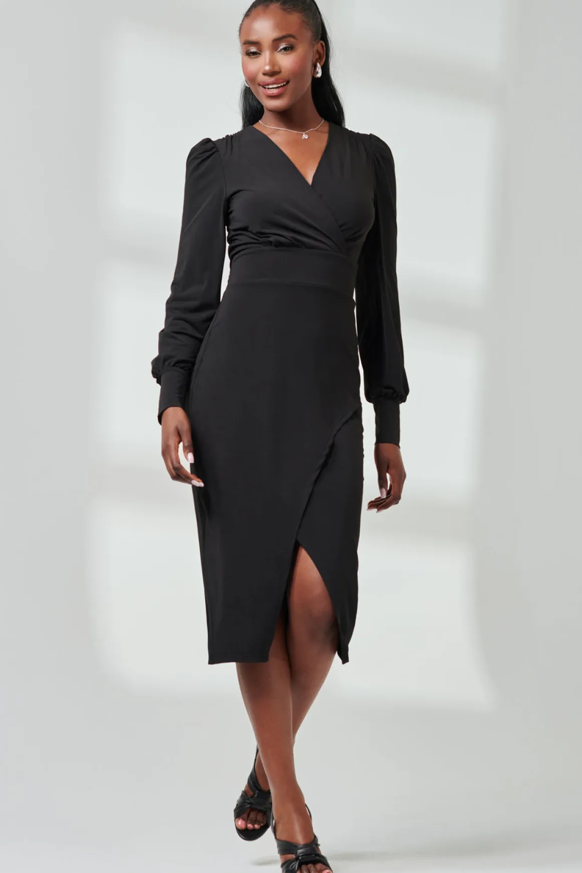 Long Sleeve Jersey Midi Dress, Black