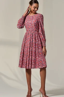Long Sleeve Jersey Midi Dress, Orange Abstract