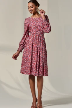 Long Sleeve Jersey Midi Dress, Orange Abstract