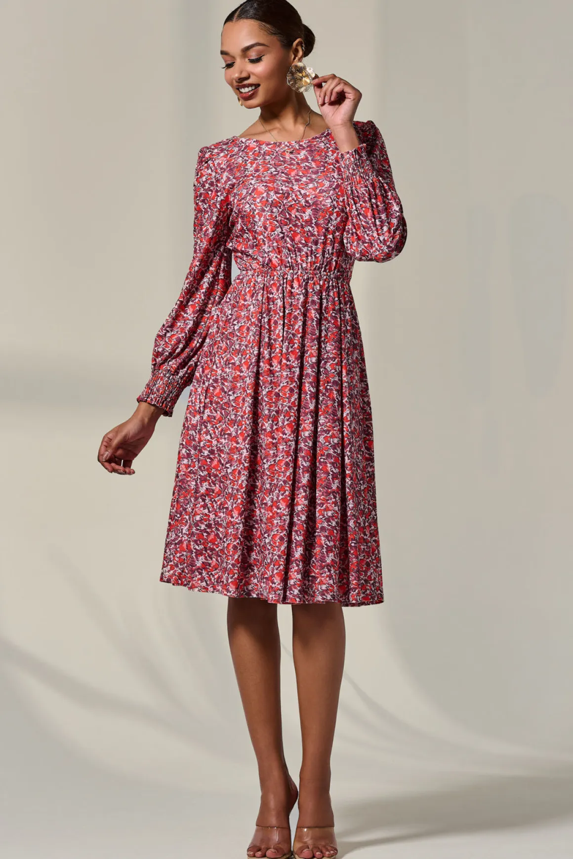 Long Sleeve Jersey Midi Dress, Orange Abstract