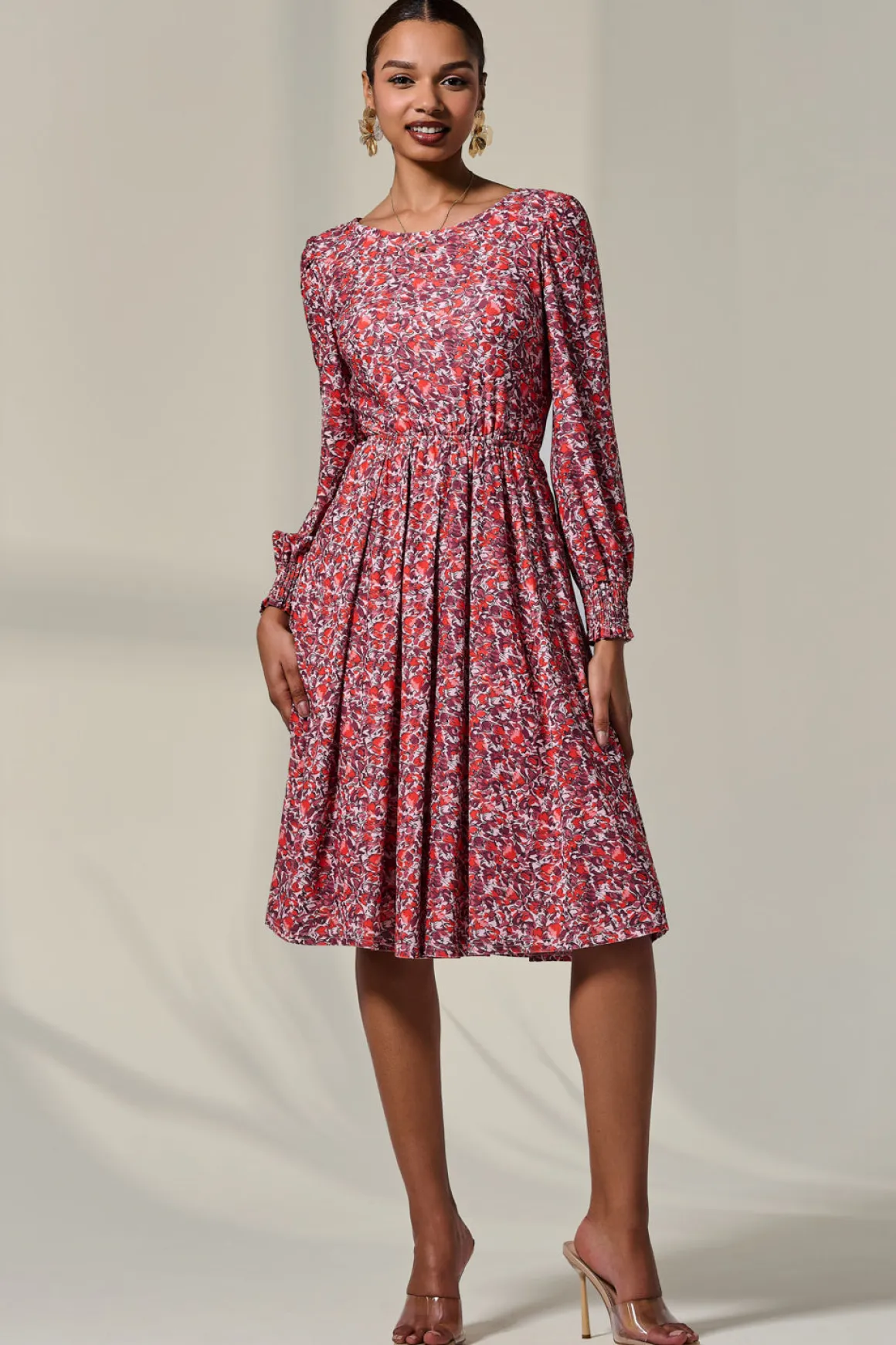 Long Sleeve Jersey Midi Dress, Orange Abstract