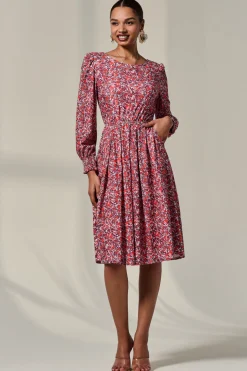 Long Sleeve Jersey Midi Dress, Orange Abstract