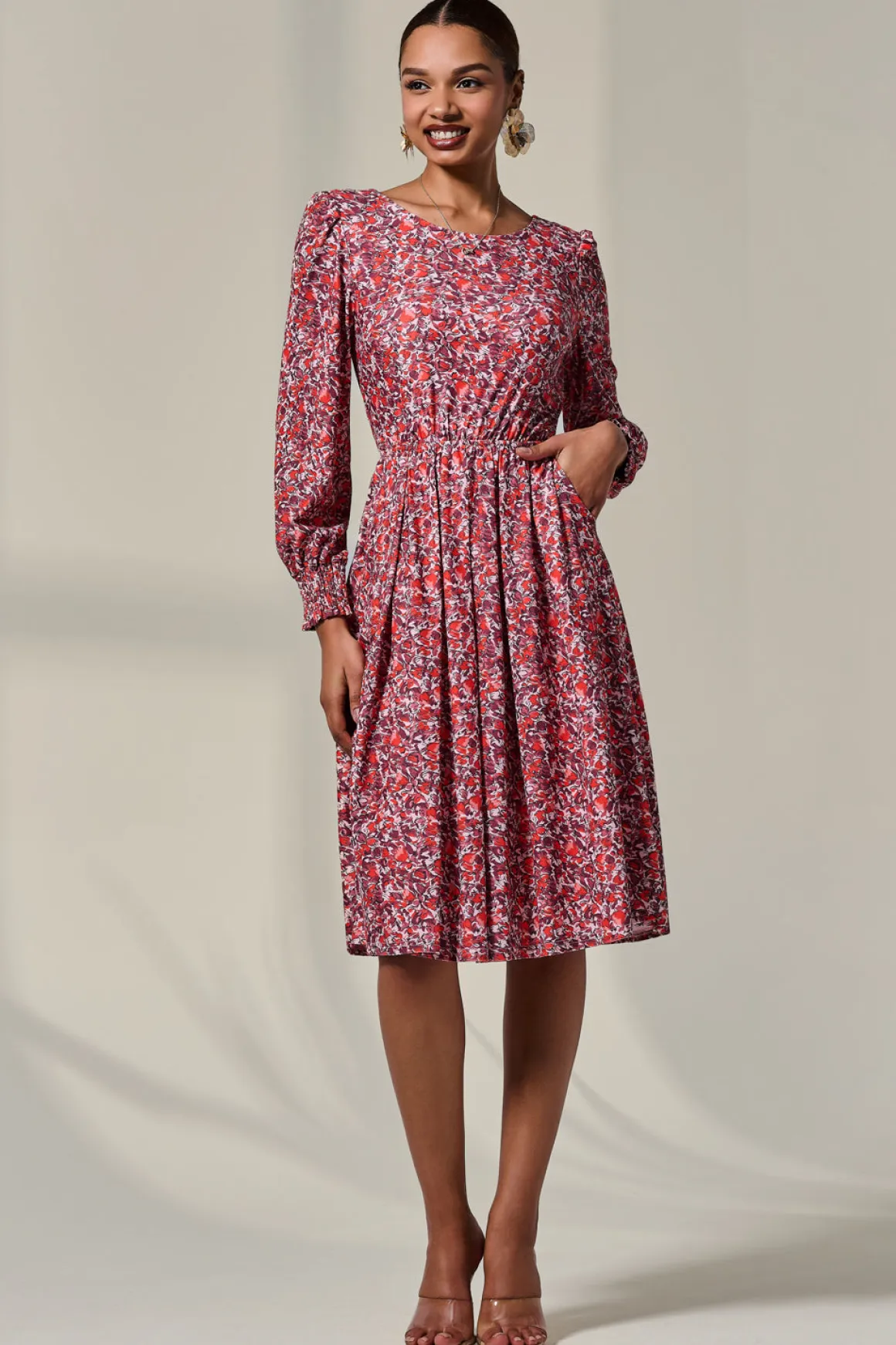 Long Sleeve Jersey Midi Dress, Orange Abstract