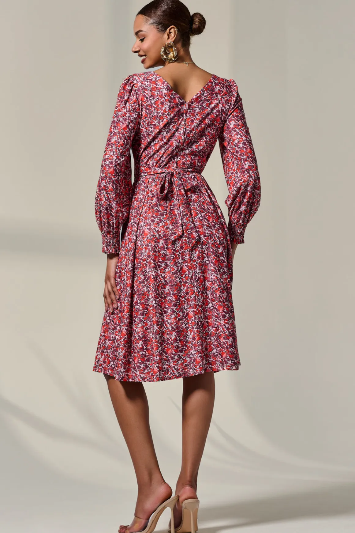 Long Sleeve Jersey Midi Dress, Orange Abstract