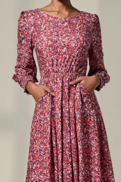 Long Sleeve Jersey Midi Dress, Orange Abstract