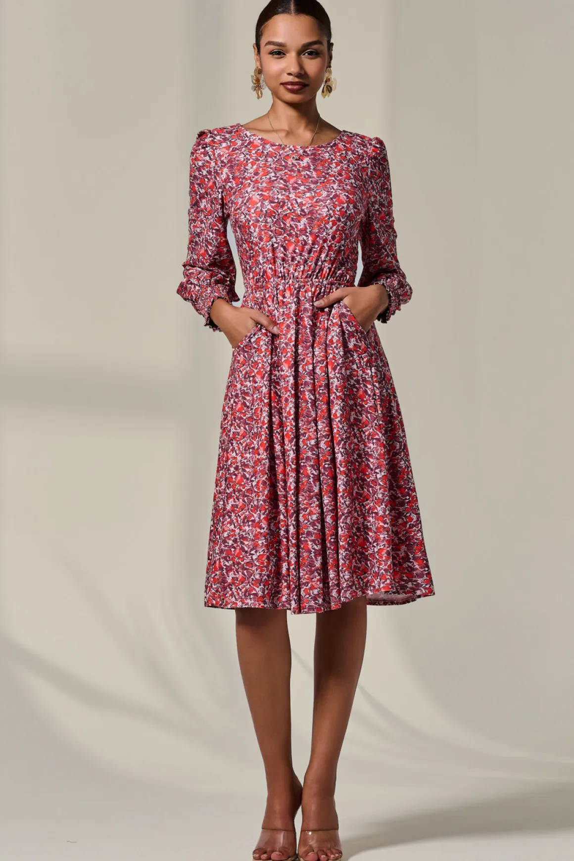 Long Sleeve Jersey Midi Dress, Orange Abstract
