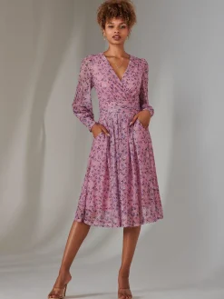 Long Sleeve Lace Print Midi Dress, Pink Floral