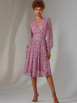 Long Sleeve Lace Print Midi Dress, Pink Floral