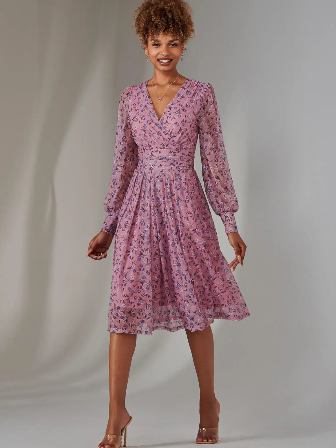 Long Sleeve Lace Print Midi Dress, Pink Floral