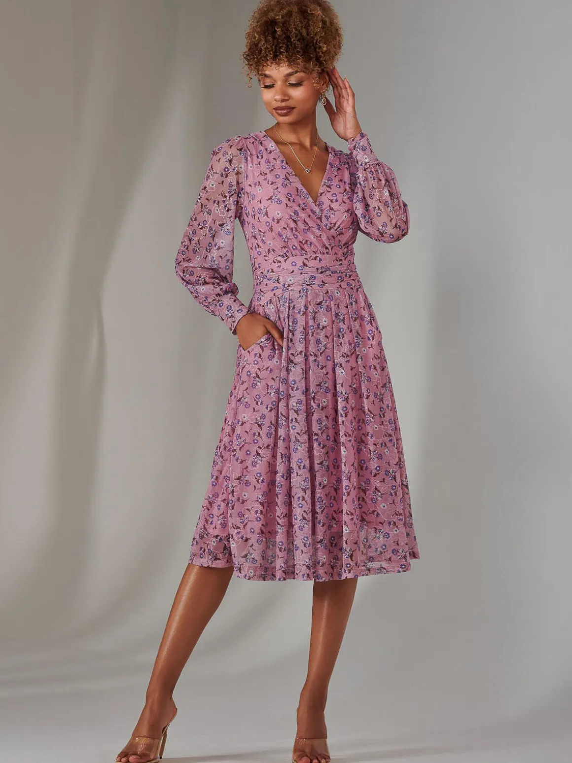 Long Sleeve Lace Print Midi Dress, Pink Floral