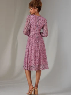 Long Sleeve Lace Print Midi Dress, Pink Floral