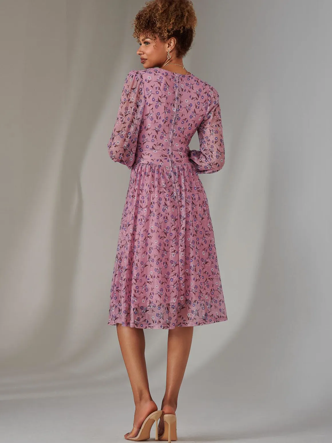 Long Sleeve Lace Print Midi Dress, Pink Floral