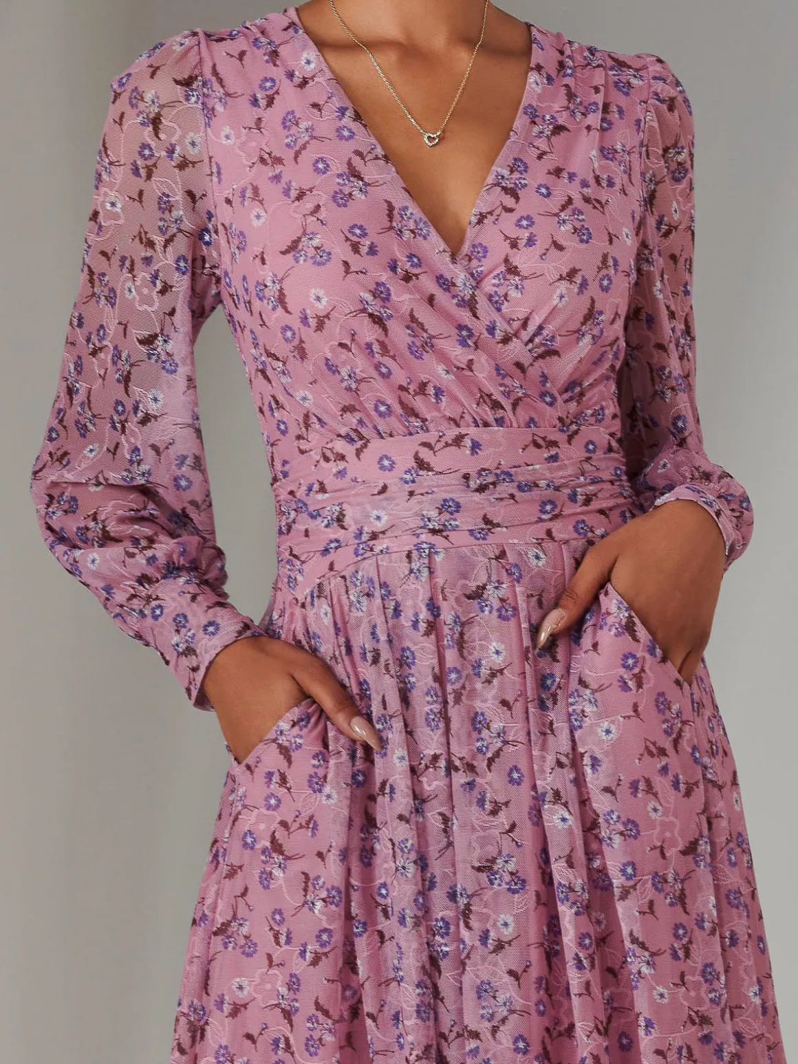 Long Sleeve Lace Print Midi Dress, Pink Floral