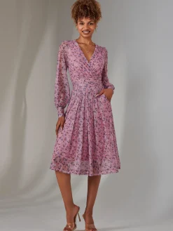 Long Sleeve Lace Print Midi Dress, Pink Floral