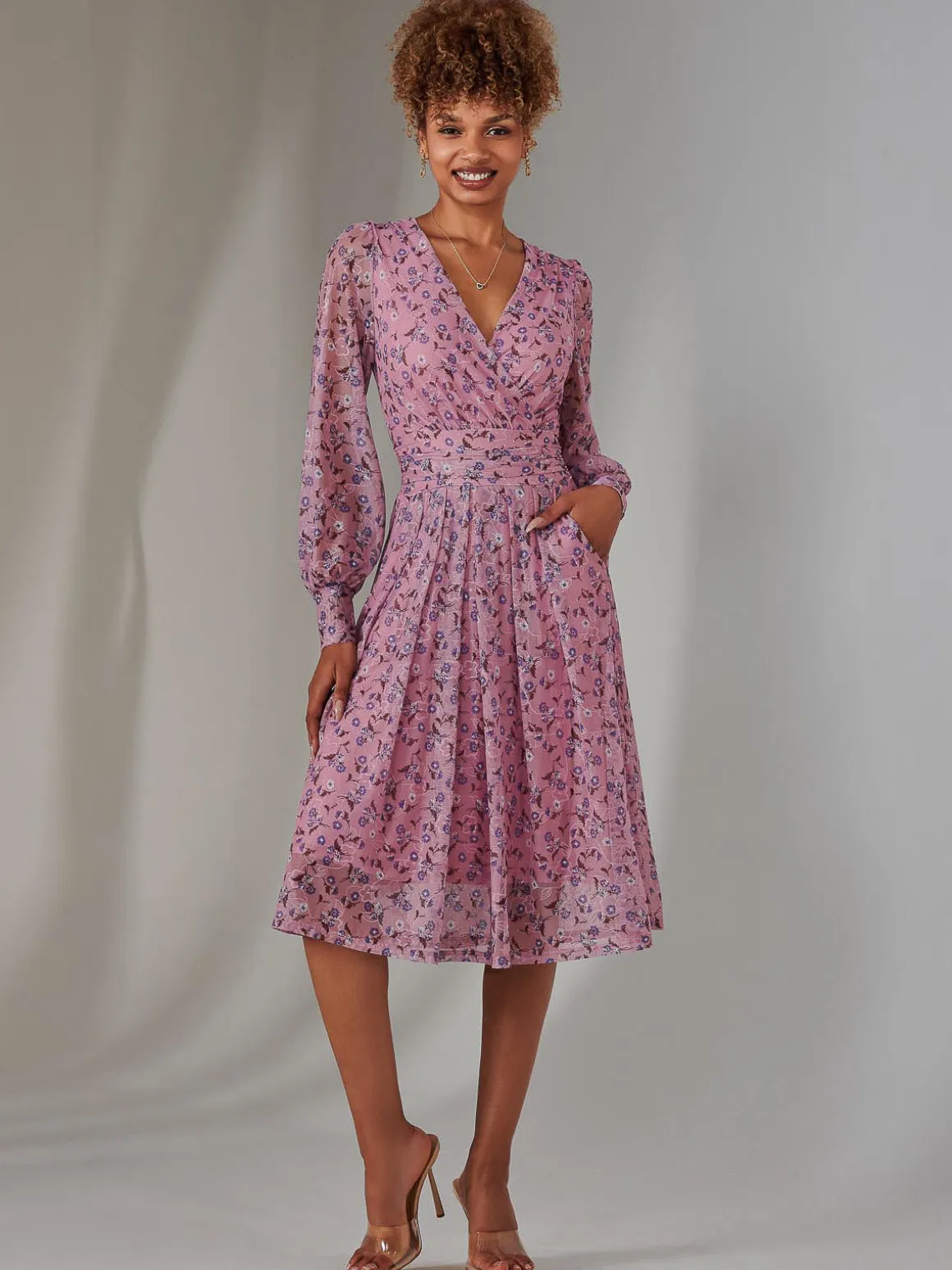 Long Sleeve Lace Print Midi Dress, Pink Floral