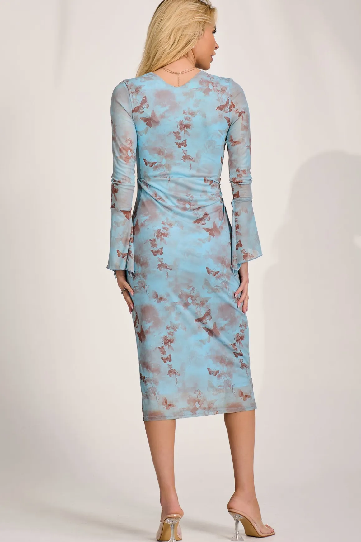 Long Sleeve Mesh Bodycon Dress, Blue Abstract