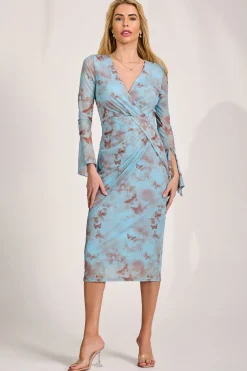 Long Sleeve Mesh Bodycon Dress, Blue Abstract