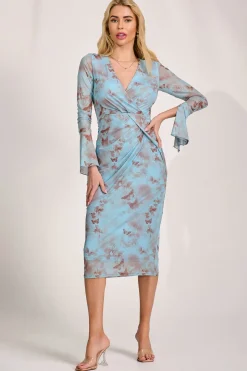 Long Sleeve Mesh Bodycon Dress, Blue Abstract