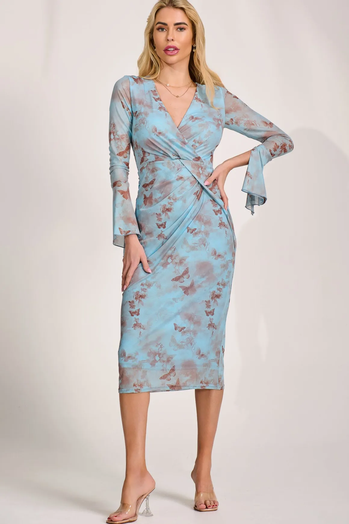 Long Sleeve Mesh Bodycon Dress, Blue Abstract