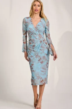 Long Sleeve Mesh Bodycon Dress, Blue Abstract