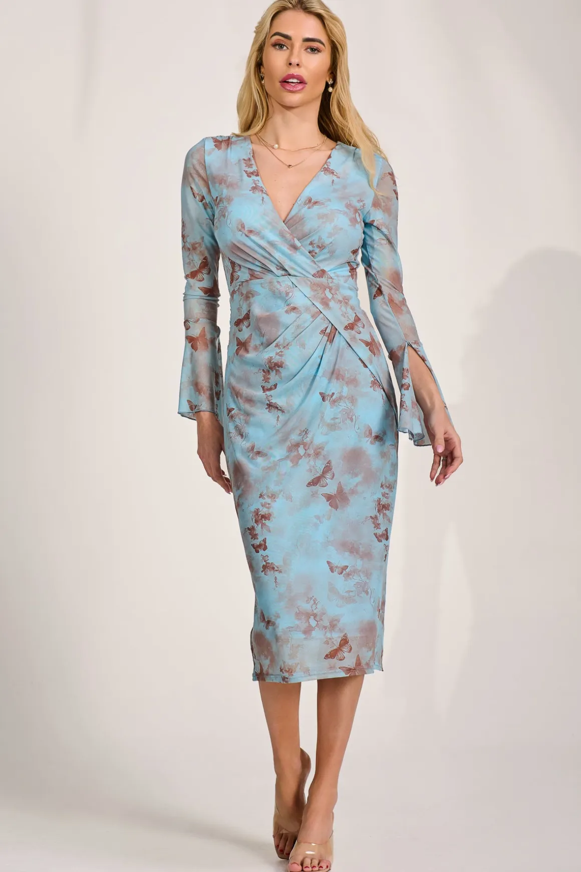 Long Sleeve Mesh Bodycon Dress, Blue Abstract