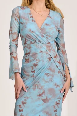 Long Sleeve Mesh Bodycon Dress, Blue Abstract