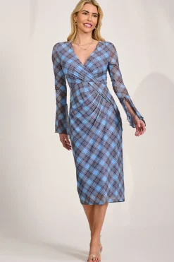 Long Sleeve Mesh Bodycon Dress, Blue Check