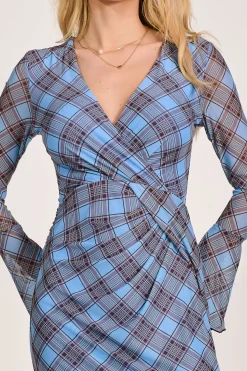 Long Sleeve Mesh Bodycon Dress, Blue Check
