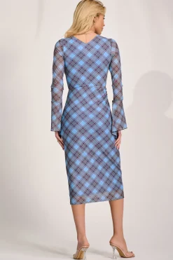 Long Sleeve Mesh Bodycon Dress, Blue Check