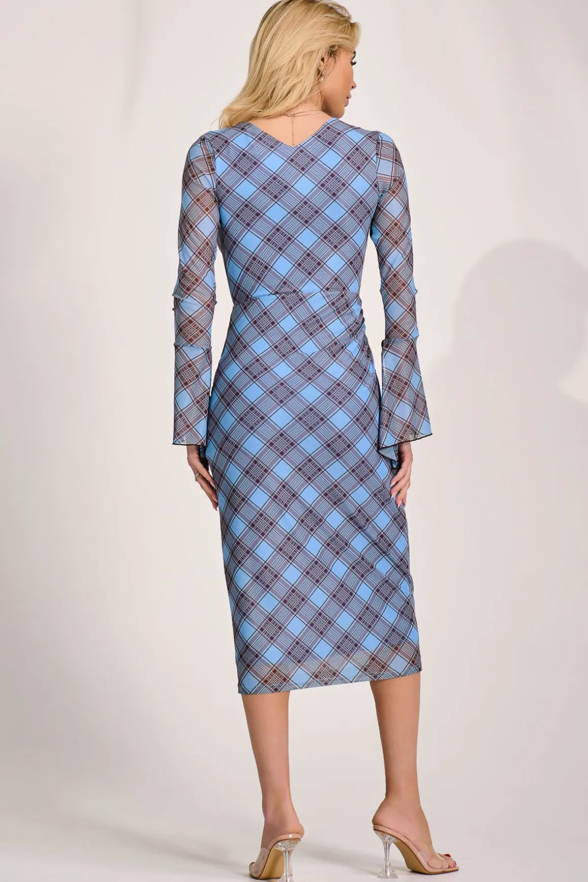 Long Sleeve Mesh Bodycon Dress, Blue Check