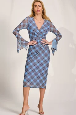 Long Sleeve Mesh Bodycon Dress, Blue Check