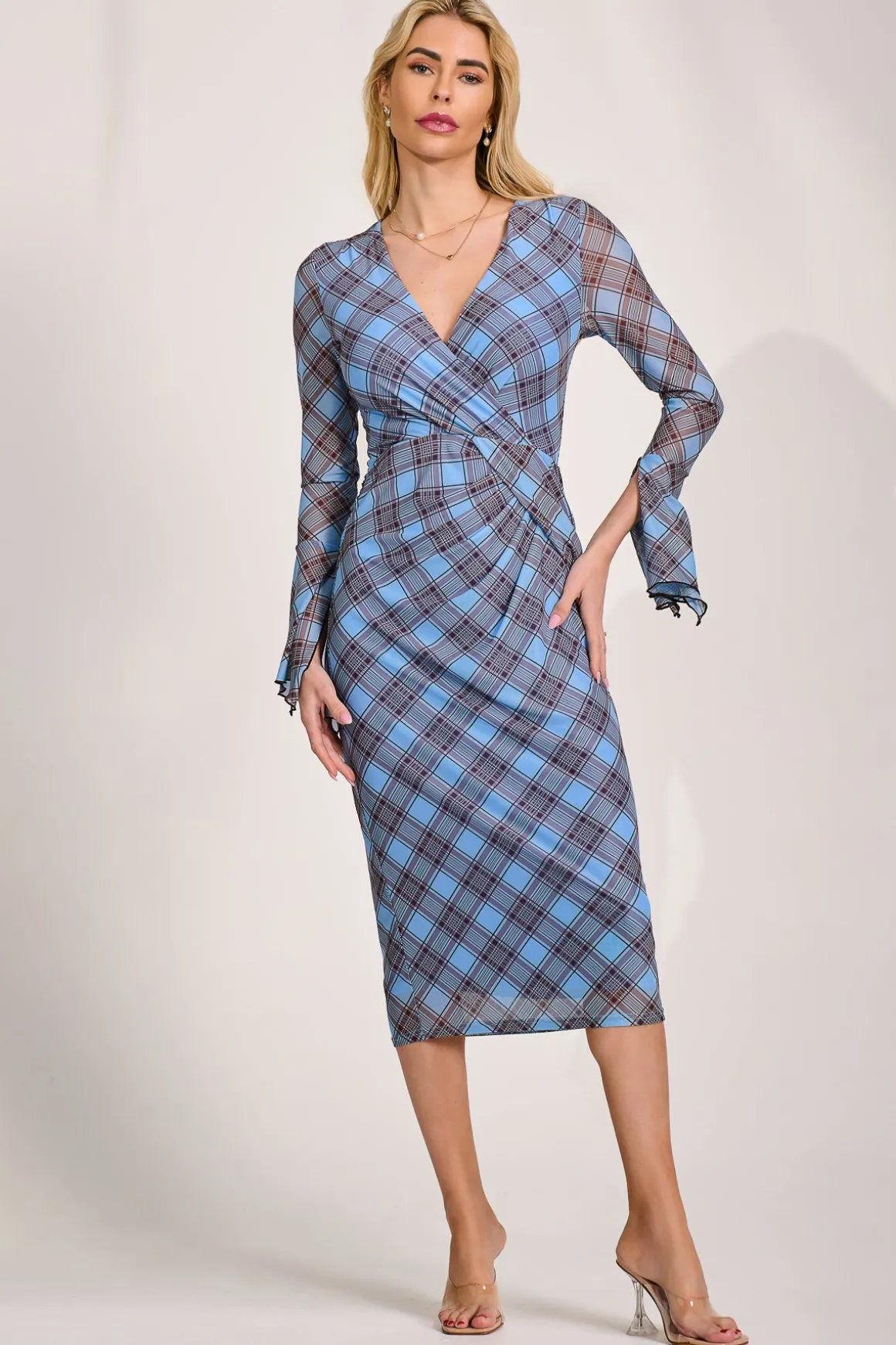 Long Sleeve Mesh Bodycon Dress, Blue Check