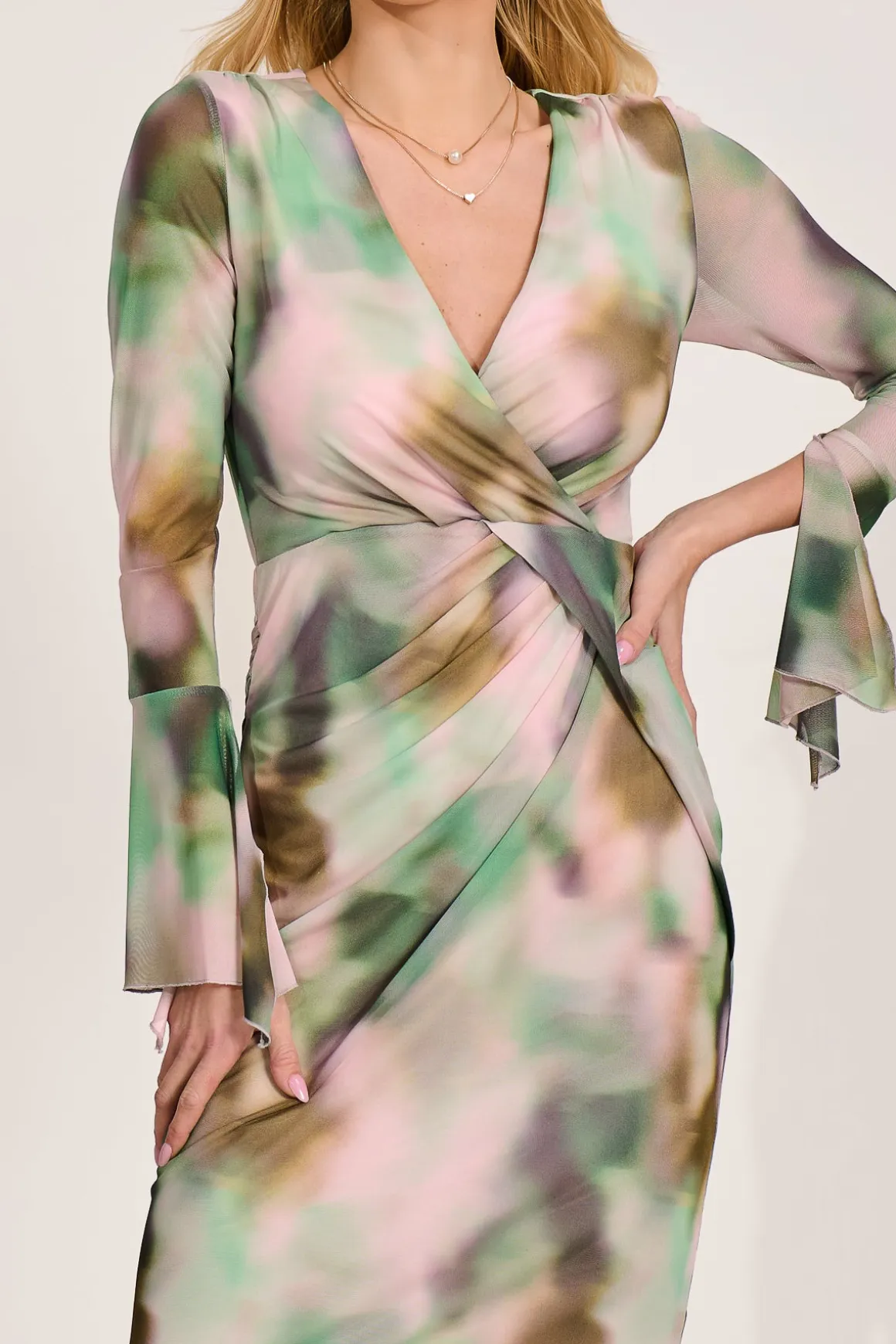 Long Sleeve Mesh Bodycon Dress, Green Abstract