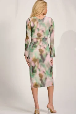 Long Sleeve Mesh Bodycon Dress, Green Abstract